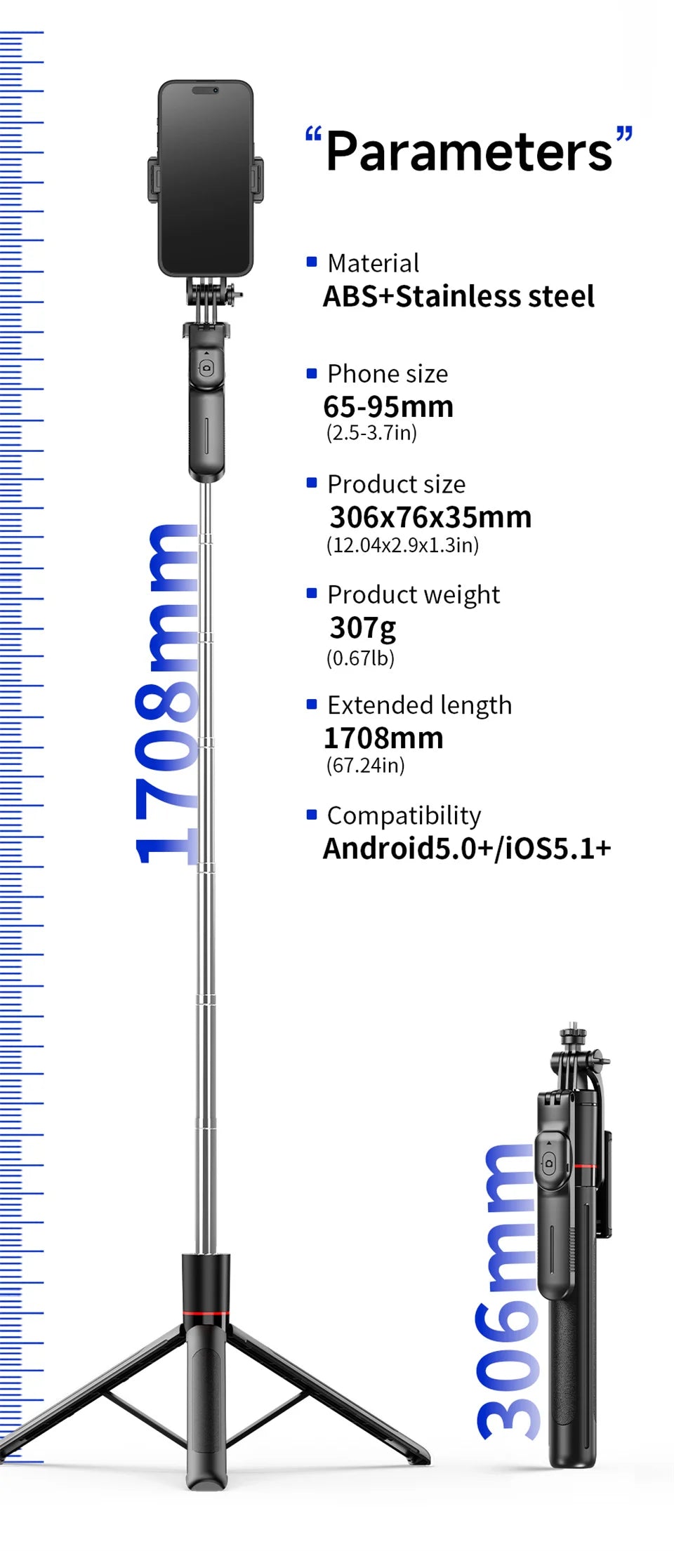 Wireless Bluetooth Selfie Stick Tripod – Extendable 170 cm Phone Stand