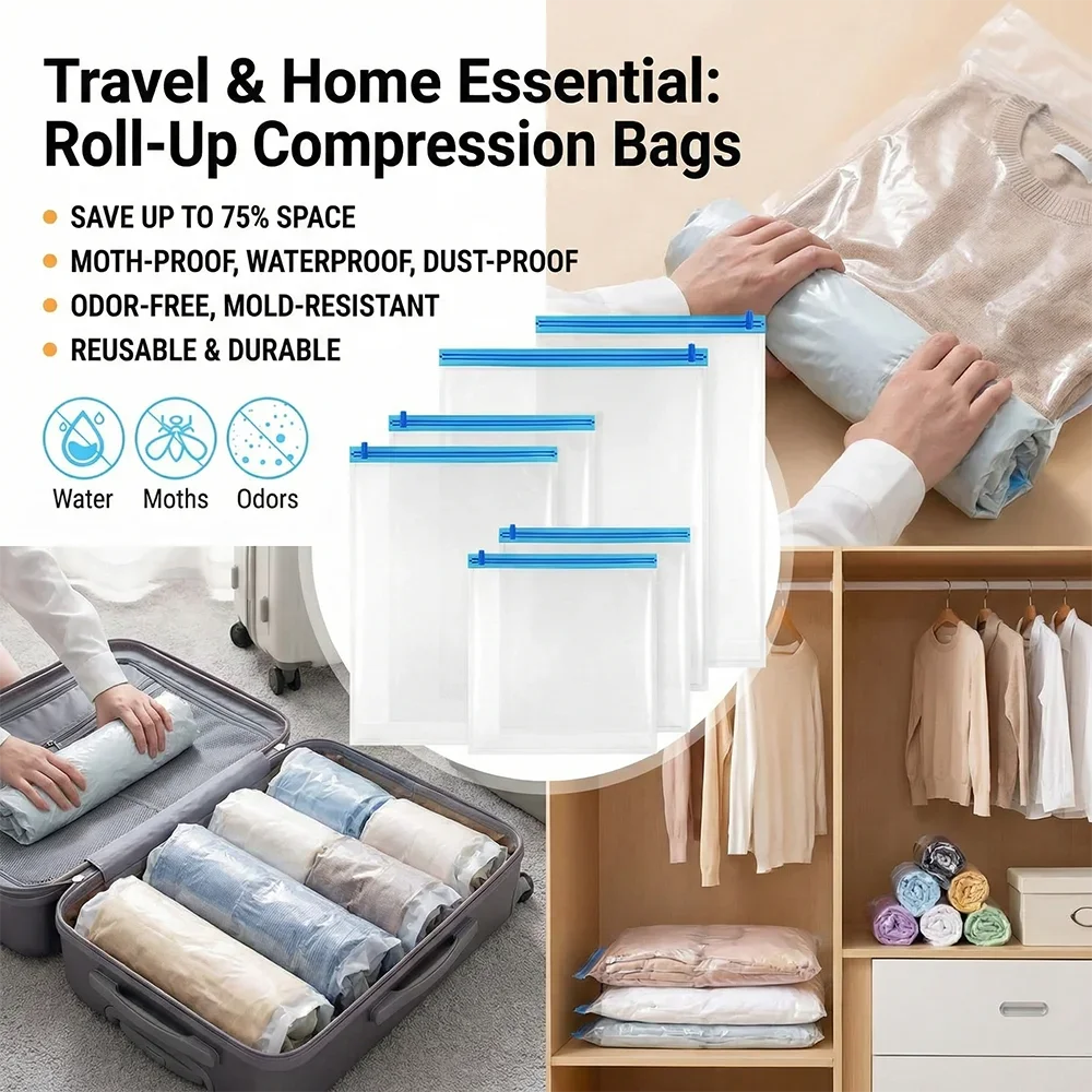 Roll-Up Travel Compression Bags – No Vacuum Required