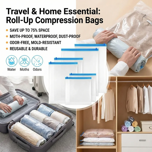 Roll-Up Travel Compression Bags – No Vacuum Required